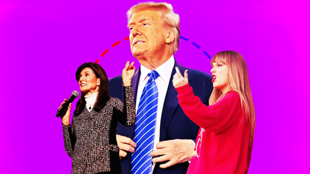 A photo illustration of Nikki Haley, Donald Trump, and Taylor Swift.