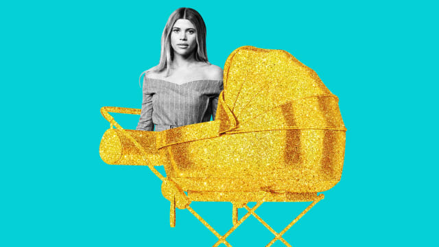 A photo illustration including photos of Sofia Richie and a Golden Stroller 