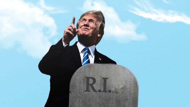 A photo illustration showing Donald Trump in front of a tombstone with R.I.P. fading away while pointing upwards.