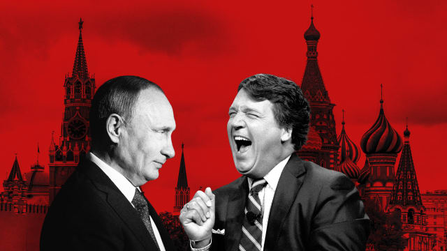 An illustration including a photo of Putin and Tucker Carlson
