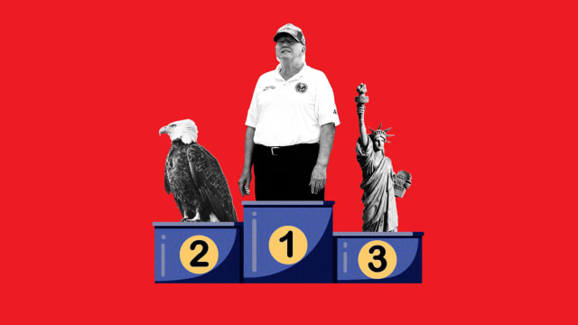 A photo illustration of a podium with a bald eagle in second place, teh statue of liberty in third, and Donald Trump in first.