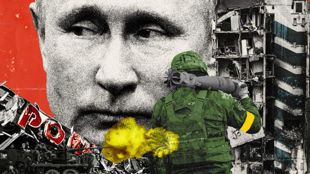 Photo illustration of Vladimir Putin with destroyed buildings in Ukraine, a soldier holding a bomb, and a tank shooting.