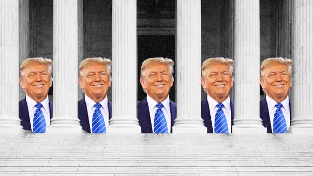A photo illustration shows a smiling Donald Trump between the columns of the Supreme Court building