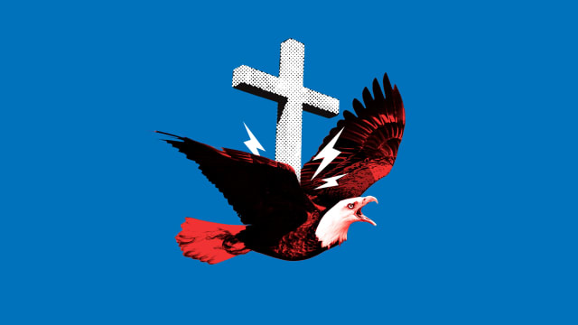 A photo illustration of a bald eagle with a cross hitting it in the back.