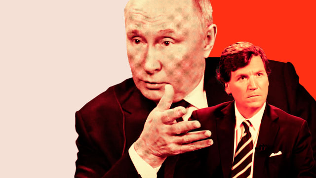 A photo illustration of Tucker Carlson and Vladamir Putin during their interview