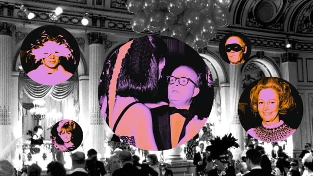 A photo illustration of party goers at Truman Capote’s Black and White Ball overlaying a scene of the recreation for ‘Feud: Capote vs. the Swans.’