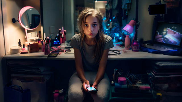 An image of a young girl sitting in front of a desk with a phone in her hands