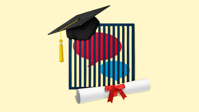 A photo illustration of a college cap, diploma, and speech bubbles in a cage.