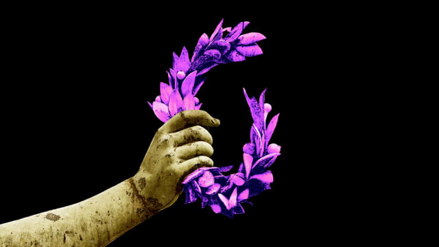 A photo illustration of the hand of a Greek statue clenching a pink laurel wreath 