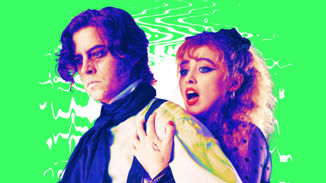A photo illustration of Cole Sprouse and Kathryn Newton in Lisa Frankenstein.