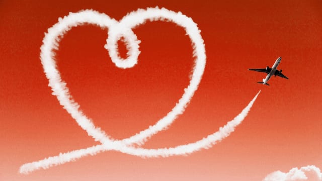 An illustration including a photo of a plane making a heart shaped cloud