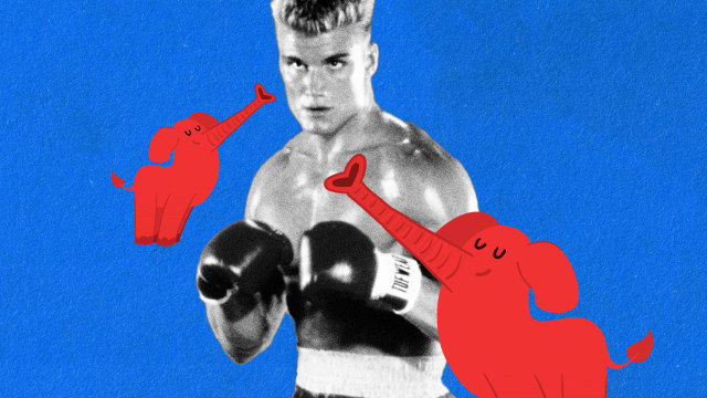 A photo illustration of Dolph Lundgren as Drago in Rocky IV surrounded by red elephants