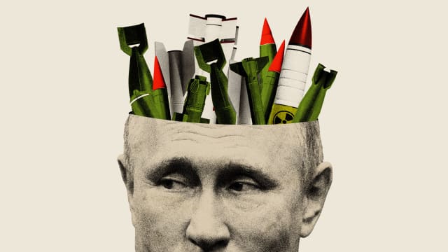 Photo illustration of Vladimir Putin with bombs coming out of his head