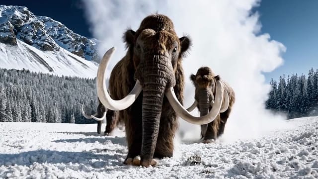 Mammoths running in a frozen tundra