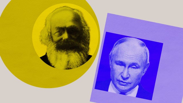 A photo illustration showing portraits of Karl Marx and Vladimir Putin seperate from each other in contrasting colors.