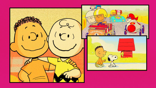 A photo illustration showing Franklin in the new Peanuts special, Welcome Home, Franklin in various comic book strips.
