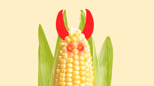 A photo illustration gif showing an ear of corn with devil horns and glowing red eyes.