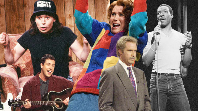 A collage of Kristen Wiig, Eddie Murphy, Mike Myers, Adam Sandler, Will Ferrell on SNL