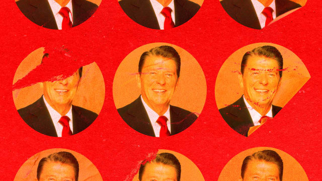 A photo illustration of peeling pictures of President Ronald Reagan.