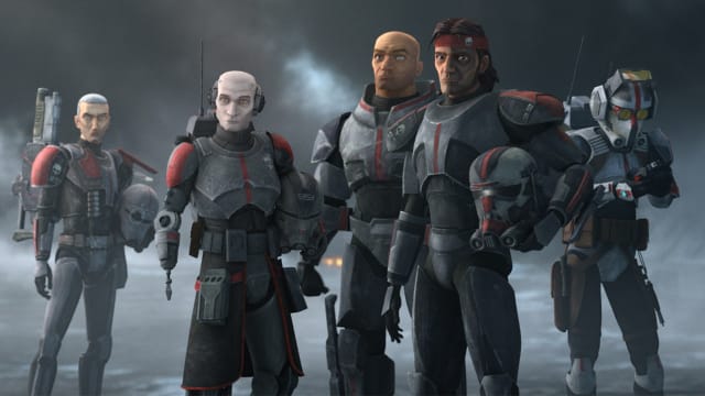 Crosshair, Echo, Wrecker, Hunter and Tech in Star Wars: The Bad Batch.