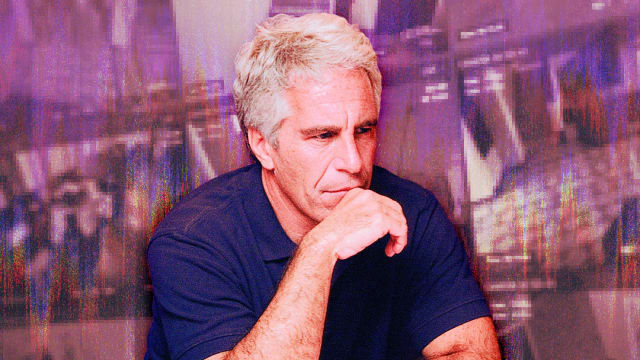 A photo illustration of Jeffrey Epstein and a distorted background of security camera feeds.
