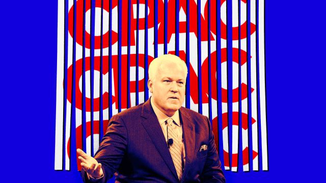 A photo illustration Matt Schlapp, Chairman of the American Conservative Union, in front of shredded CPAC logos.