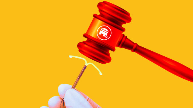 A photo illustration of a red GOP gavel and an IUD. 