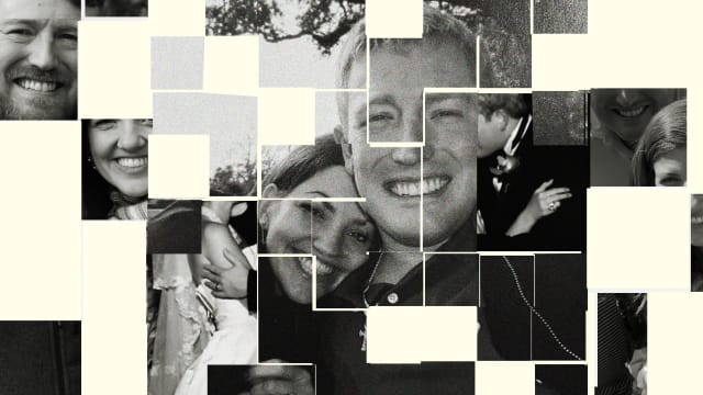 A photo illustration showing multiple collaged and falling apart images of Catherine Herring and her husband Mason Herring.