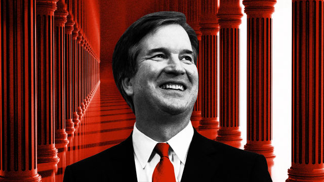 An illustration including a photo of Brett Kavanaugh and supreme court columns