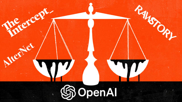 An illustration including a photo of the logos The Intercept, RawStory, AlterNet and OpenAI