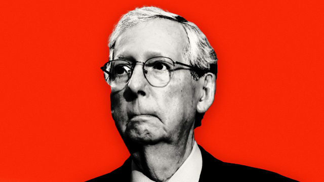 An illustration including a photo of Mitch McConnell