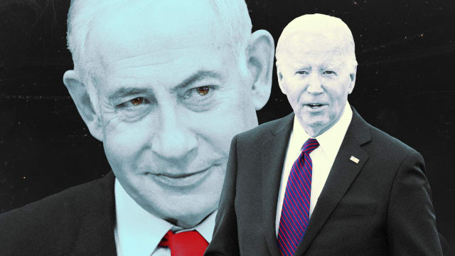 A photo illustration of Bibi Netanyahu and President Joe Biden.