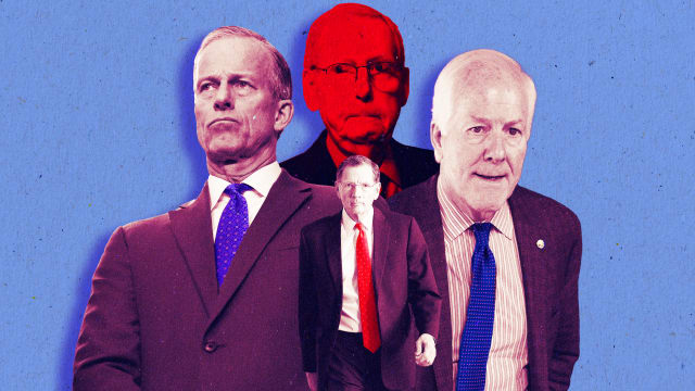 A photo illustration of Senators Mitch McConnell, John Thune, John Cornyn, and John Barrasso.