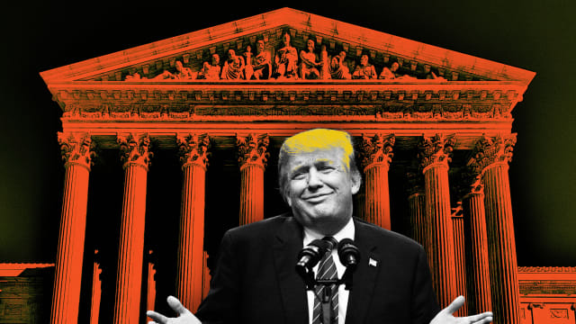 An illustration including former U.S. President Donald Trump and a photo of the supreme court
