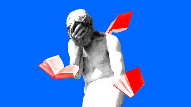 A photo illustration of a male statue with his head in his hands while books float around him