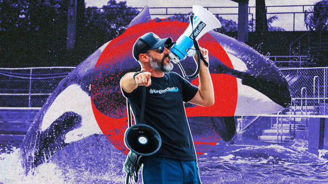 A photo illustration of activist Phil Demers and Tokitae the Orca at the Miami Seaquarium.