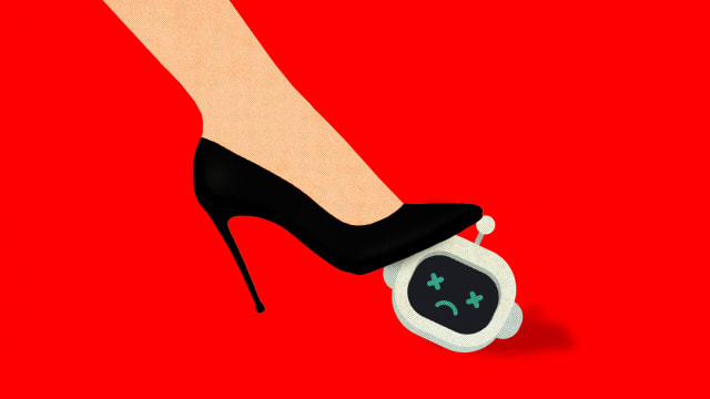 An illustration of a woman's foot in high heels stepping on the head of a robot