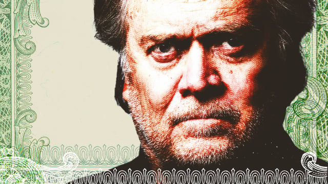 Photo illustration of Steve Bannon with money borders around him in green.