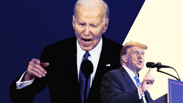 A photo illustration showing Joe Biden and Donald Trump giving impassioned speeches.