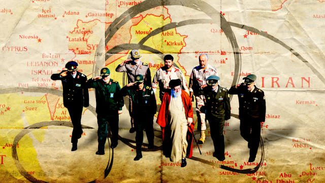 A photo illustration of Iranian generals and Ali Khamenei and a Middle East map.