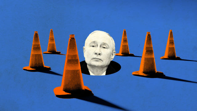 A photo illustration of Vladamir Putin poking out of a hole in the ground with traffic cones surrounding him