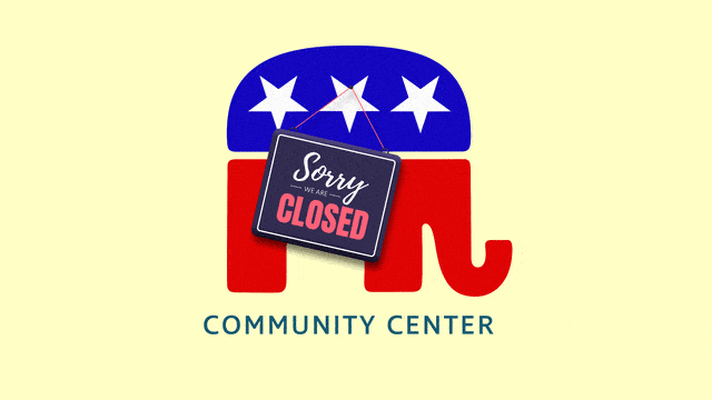 An animated gif of a closed sign swinging on the GOP elephant symbol.