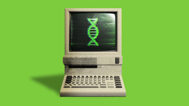 Photo illustration of an old computer with a glitchy DNA double helix