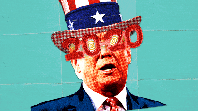 Photo illustrative gif of Donald Trump wearing an Uncle Sam hat and 2020 glasses with hypnotic spirals turning.