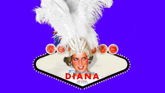 Photo illustration of Princess Diana in a showgirl hat in the Las Vegas sign