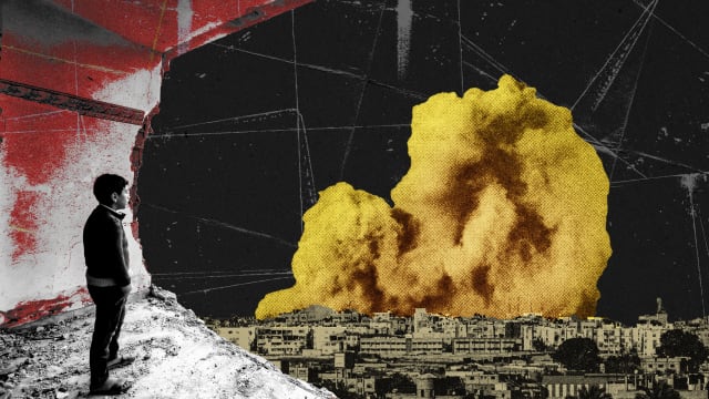Photo illustrative collage of a destroyed building in Rafah looking over an explosion with a black background.