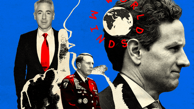 A photo illustration of Bill Ackman, David Petreaus and Timothy Geithner 