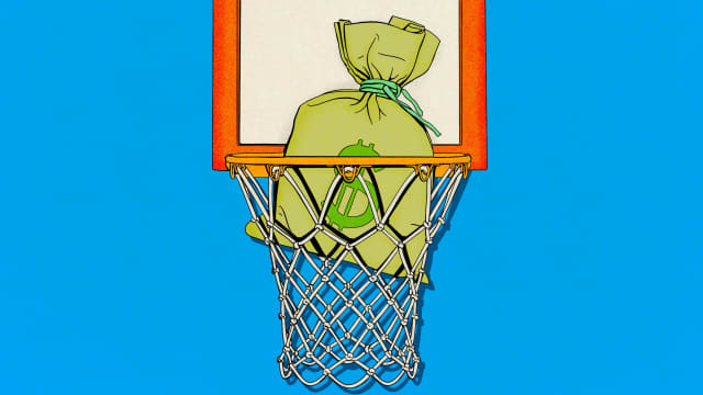 Illustration of a money bag in a basketball hoop