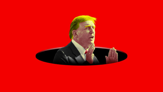 A photo illustration of former President Donald Trump shouting from inside a hole.