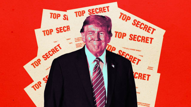 A photo illustration depicting Donald Trump and a stack of “top secret” documents.